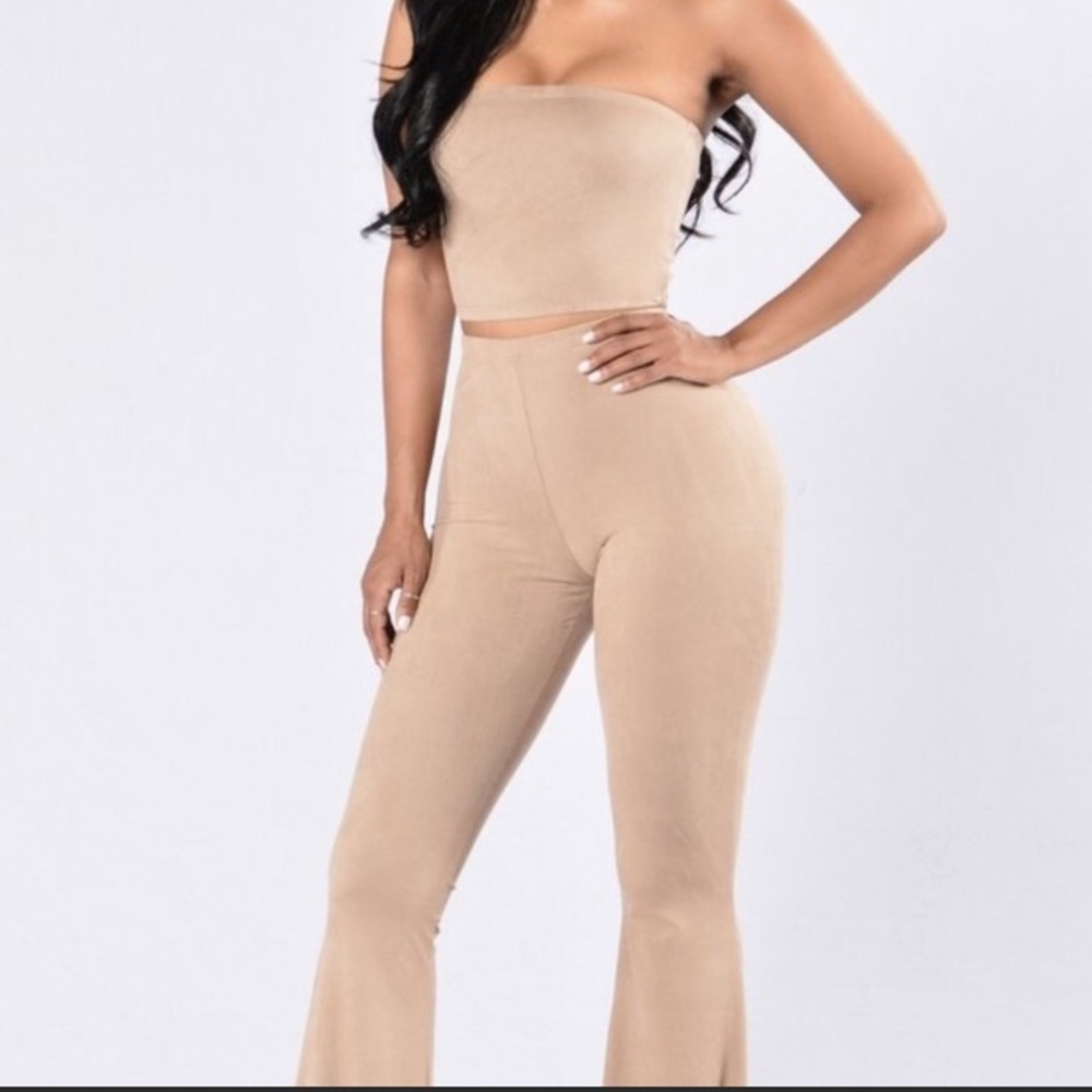 XS suede crop 2 piece set flared pants tube top